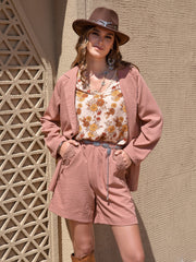 Hazel Blues® | Lace Detail Collared Neck Long Sleeve Top and Shorts Set