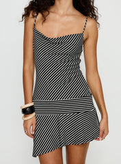 Laurela Asymmetrical Mini Dress Black / White Stripe
