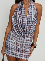 Devora Halter Plunge Mini Dress Blue Plaid Multi