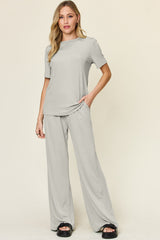 Hazel Blues® | Double Take Round Neck Short Sleeve T-Shirt and Wide Leg Pants Set
