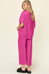Hazel Blues® | Double Take Texture Round Neck Short Sleeve T-Shirt and Wide Leg Pants