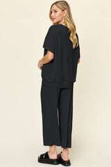Hazel Blues® | Double Take Texture Round Neck Short Sleeve T-Shirt and Wide Leg Pants