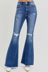 Hazel Blues® | RISEN High Rise Distressed Raw Hem Flare Jeans