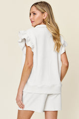 Hazel Blues® | Double Take Texture Flounce Sleeve Top and Drawstring Shorts Set