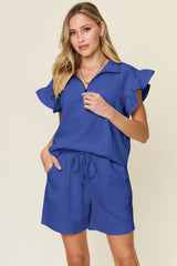 Hazel Blues® | Double Take Texture Flounce Sleeve Top and Drawstring Shorts Set