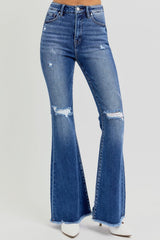 Hazel Blues® | RISEN High Rise Distressed Raw Hem Flare Jeans