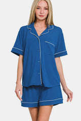 Hazel Blues® | Zenana Button Down Short Sleeve Top and Shorts Lounge Set