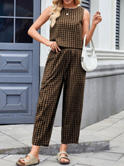 Hazel Blues® | Lovelet Plaid Round Neck Sleeveless Top and Pants Set