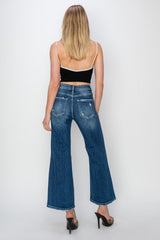 Hazel Blues® | Risen High Rise Patch Detailed Wide Leg Crop Jeans