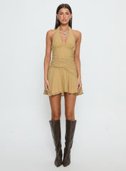 Sayla Halter Ruched Mini Dress Yellow Check