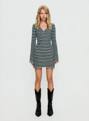 Morgen Asymmetrical Long Sleeve Mini Dress Grey / Green Stripe