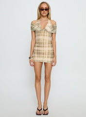 Head Start Layered Mini Dress Beige Plaid
