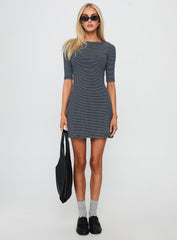 Evyna Boat Neck 3/4 Sleeve Mini Dress Navy Stripe