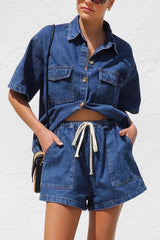Hazel Blues® | Collared Neck Button Up Top and Shorts Denim Set