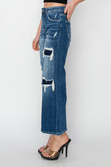 Hazel Blues® | Risen High Rise Patch Detailed Wide Leg Crop Jeans