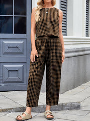 Hazel Blues® | Lovelet Plaid Round Neck Sleeveless Top and Pants Set