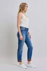 Hazel Blues® | Judy Blue Plaid Print Cuff Straight Leg Jeans with Pockets