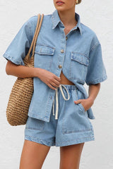 Hazel Blues® | Collared Neck Button Up Top and Shorts Denim Set