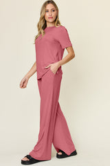 Hazel Blues® | Double Take Round Neck Short Sleeve T-Shirt and Wide Leg Pants Set