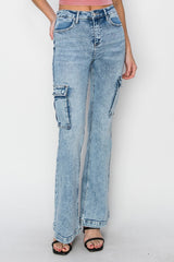 Hazel Blues® | RISEN High Rise Cargo Flare Jeans