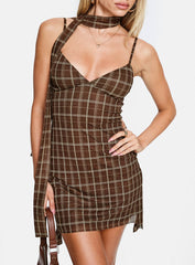Love Unknown Scarf Tie Mini Dress Brown Check