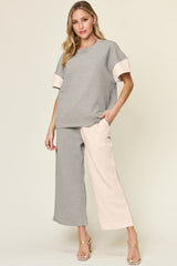Hazel Blues® | Double Take Texture Contrast T-Shirt and Wide Leg Pants Set