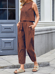 Hazel Blues® | Lovelet Plaid Round Neck Sleeveless Top and Pants Set