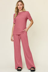 Hazel Blues® | Double Take Round Neck Short Sleeve T-Shirt and Wide Leg Pants Set