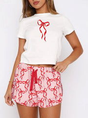 Hazel Blues® | Printed Round Neck Short Sleeve Top and Drawstring Shorts Set