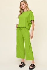 Hazel Blues® | Double Take Texture Round Neck Short Sleeve T-Shirt and Wide Leg Pants
