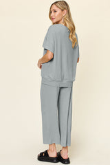 Hazel Blues® | Double Take Texture Round Neck Short Sleeve T-Shirt and Wide Leg Pants