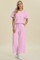 Hazel Blues® | Double Take Texture Round Neck Short Sleeve Top and Pants Set