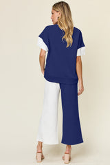 Hazel Blues® | Double Take Texture Contrast T-Shirt and Wide Leg Pants Set