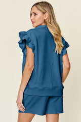 Hazel Blues® | Double Take Texture Flounce Sleeve Top and Drawstring Shorts Set