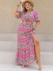 Hazel Blues® | Printed V-Neck Half Sleeve Top and Skirt Set