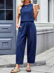 Hazel Blues® | Lovelet Plaid Round Neck Sleeveless Top and Pants Set