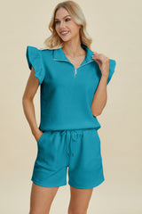 Hazel Blues® | Double Take Texture Flounce Sleeve Top and Shorts Set