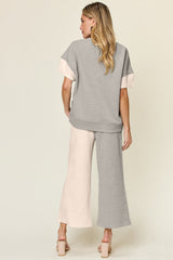 Hazel Blues® | Double Take Texture Contrast T-Shirt and Wide Leg Pants Set