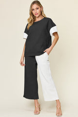 Hazel Blues® | Double Take Texture Contrast T-Shirt and Wide Leg Pants Set