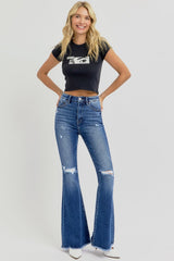 Hazel Blues® | RISEN High Rise Distressed Raw Hem Flare Jeans