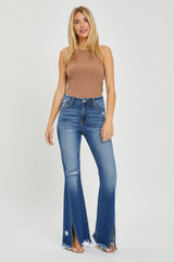 Hazel Blues® | RISEN High Rise Front Slit Frayed Hem Flare Jeans