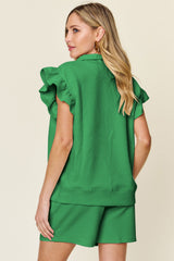 Hazel Blues® | Double Take Texture Flounce Sleeve Top and Drawstring Shorts Set