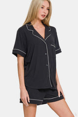 Hazel Blues® | Zenana Button Down Short Sleeve Top and Shorts Lounge Set