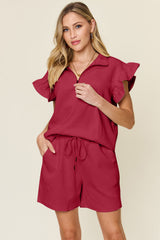Hazel Blues® | Double Take Texture Flounce Sleeve Top and Drawstring Shorts Set