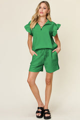 Hazel Blues® | Double Take Texture Flounce Sleeve Top and Drawstring Shorts Set