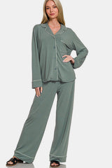 Hazel Blues® | Zenana Button Down Long Sleeve Top and Pants Lounge Set