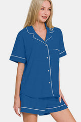 Hazel Blues® | Zenana Button Down Short Sleeve Top and Shorts Lounge Set
