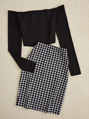 Hazel Blues® | Off-Shoulder Long Sleeve Top and Houndstooth Skirt Set