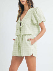 Hazel Blues® | V-Neck Puff Sleeve Top and Shorts Set