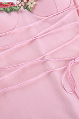 Appliques Neck Pink Lace-up Front Short Dress